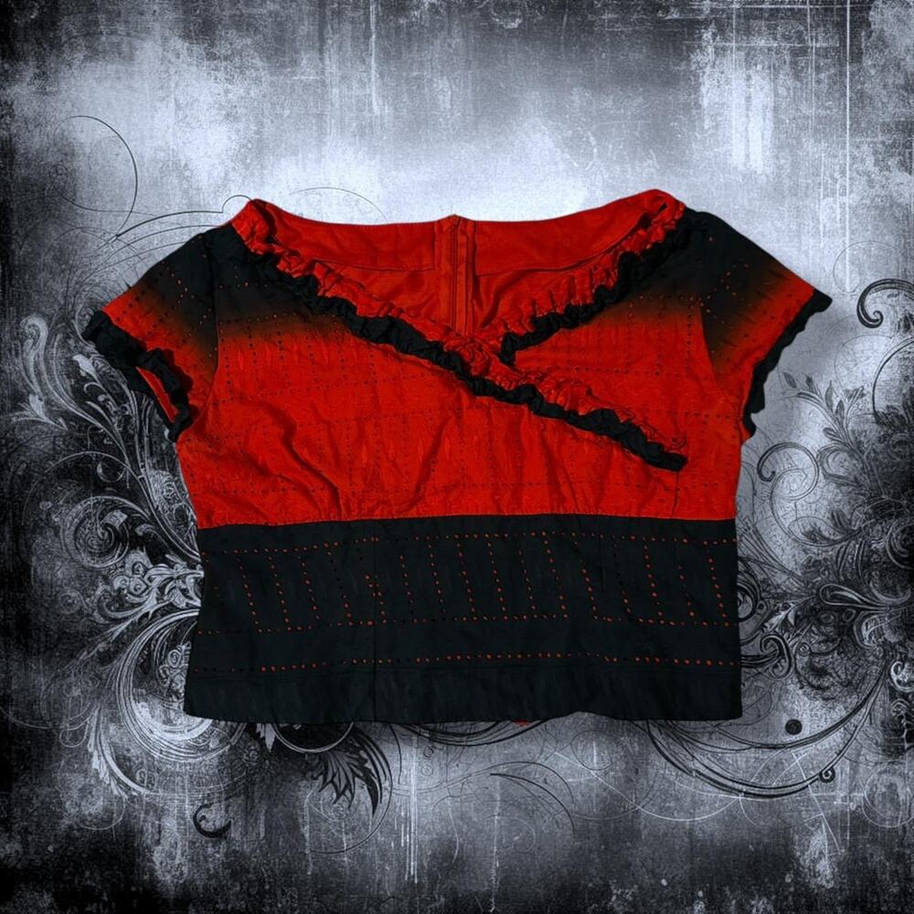 cropped red and black tiny eyelet gradient fade soft ruffle top